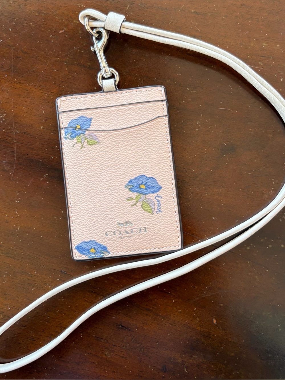 COACH Pink Floral Leather ID Card Holder Lanyard